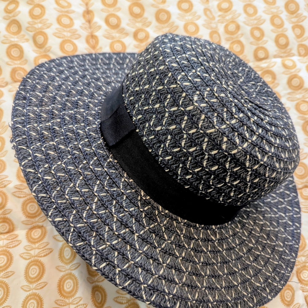 Anthropologie Navy Blue Wnd White Woven Hat